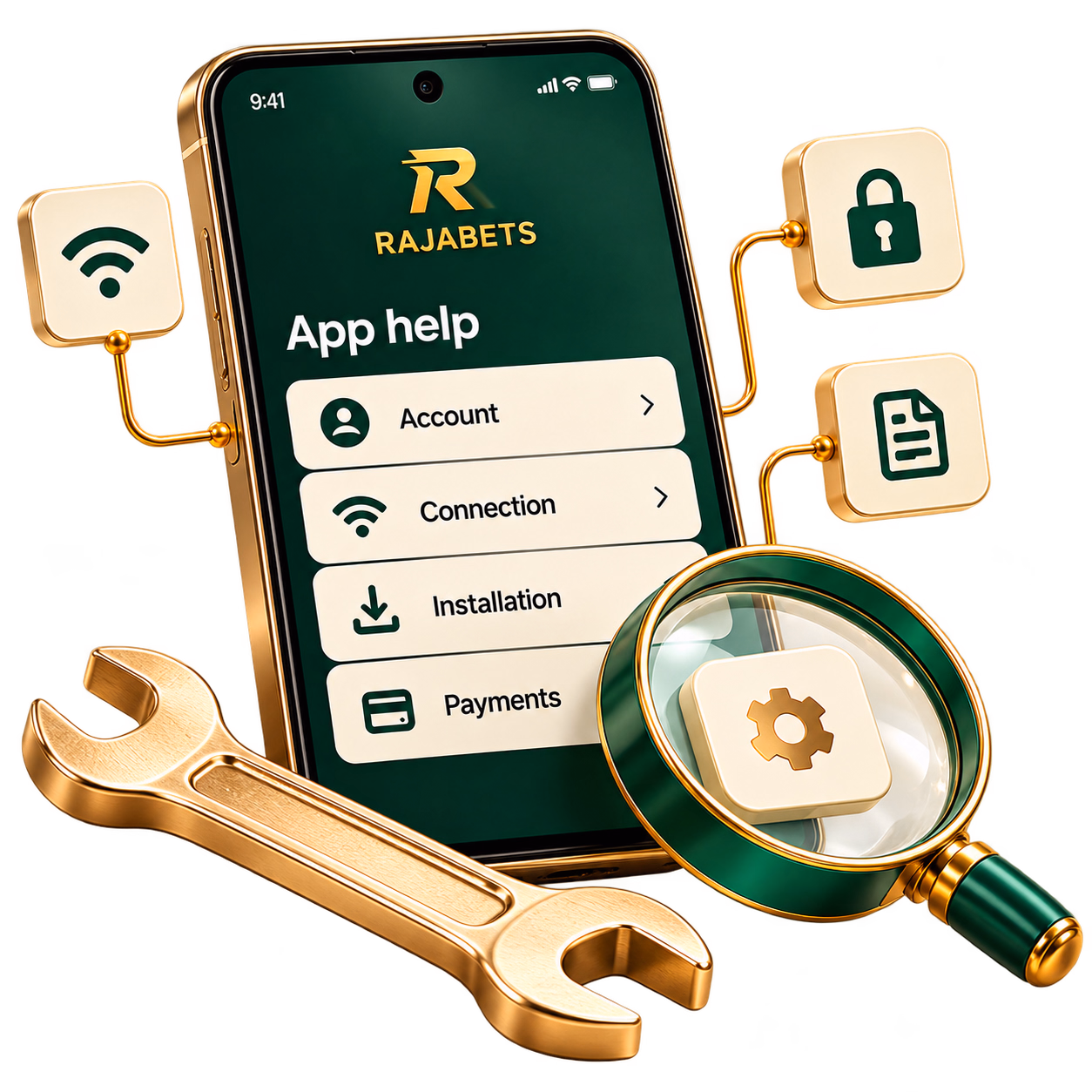 Rajabets troubleshooting smartphone with diagnostic tools, Wi-Fi, security lock, wrench and magnifying glass